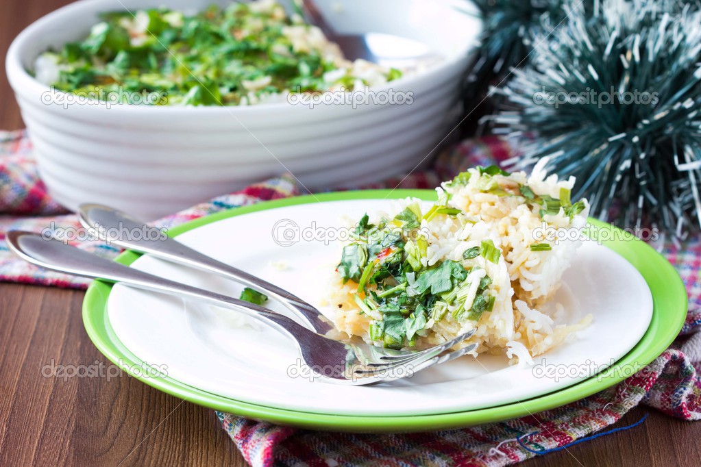 Rice casserole with egg, green spring onions, cilantro, chili, a