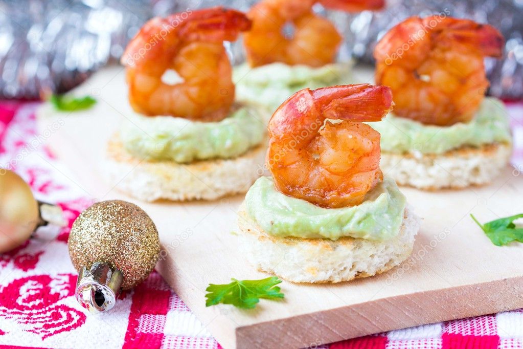 Shrimp on toast with guacamole sauce avocado, Christmas tasty ap