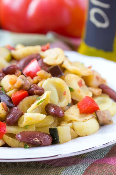 Italian pasta orecchiette with stew of vegetables and beans, del — Stock Photo, Image