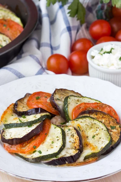 Ratatouille, vegetables cut on slices, eggplant, zucchini, tomat — Stock Photo, Image