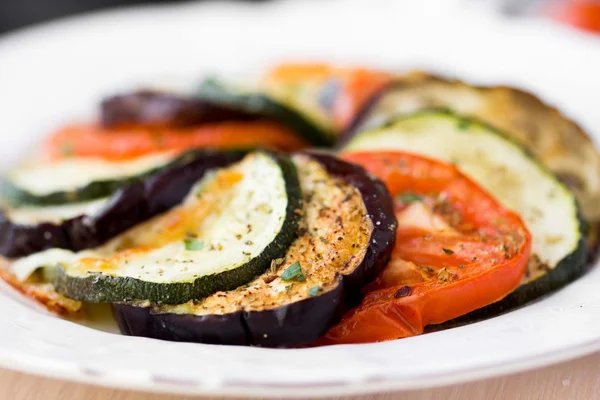 Ratatouille, vegetables cut on slices, eggplant, zucchini, tomat — Stock Photo, Image