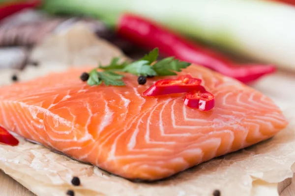 Raw fillets of red fish, salmon, cooking healthy diet dishes for — Stock Photo, Image