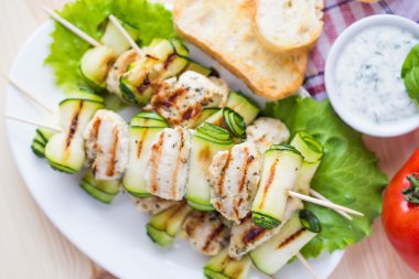 ızgara tavuk kebabı, Şaşlık şiş ile üzerinde kabak alındı.,