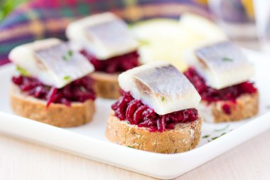 pancar çavdar tost, votka için meze ile kanepe ringa balığı
