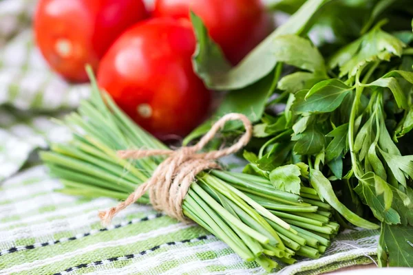 Ramo de cebolletas verdes de primavera lazo atado con cinta, verduras — Foto de Stock