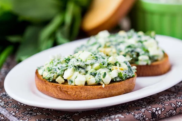 Panino con insalata di uova, erba verde, prezzemolo, ramson, primavera — Foto Stock