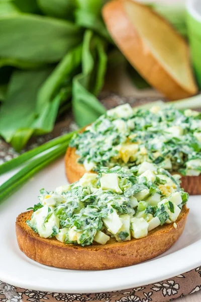 Smörgås med ägg sallad, grön ört, persilja, ramson, våren på — Stockfoto