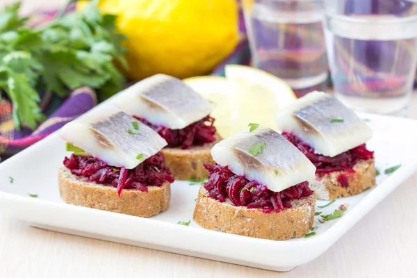 Canape Sleď s řepa na žitný toast, předkrm pro vodku — Stock fotografie