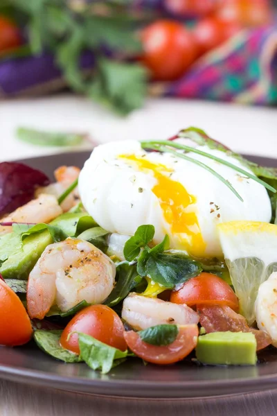 Ensalada fresca con camarones, tomates, hierbas, aguacate, huevo escalfado , — Foto de Stock