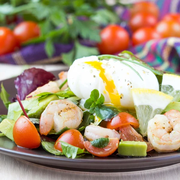 Frischer Salat mit Garnelen, Tomaten, Kräutern, Avocado, pochiertem Ei, — Stockfoto