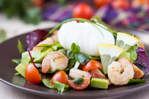 Frischer Salat mit Garnelen, Tomaten, Kräutern, Avocado, pochiertem Ei, — Stockfoto