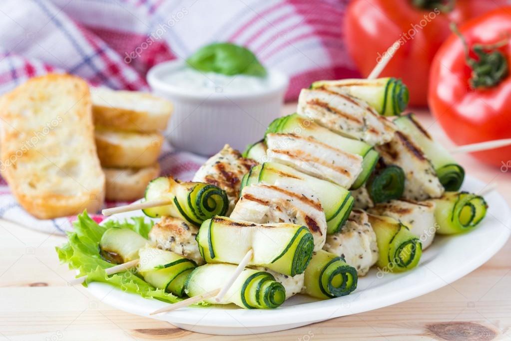 Grilled chicken kebab, shashlik on skewers with rolled zucchini,