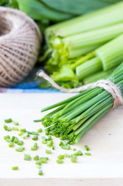 Yeşil bahar yay chives bir avuç sebze kurdele ile bağlanmış