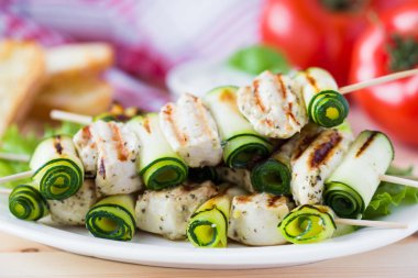 ızgara tavuk kebabı, Şaşlık şiş ile üzerinde kabak alındı.,