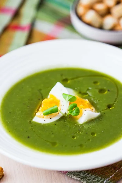 Yeşil Bahar, yaz sağlıklı kremalı çorba otlar, yumurta, kızarmış ekmek parçaları — Stok fotoğraf