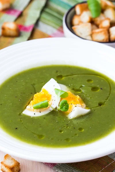 Primavera verde, sopa de crema saludable de verano con hierbas, huevo, crouton — Foto de Stock