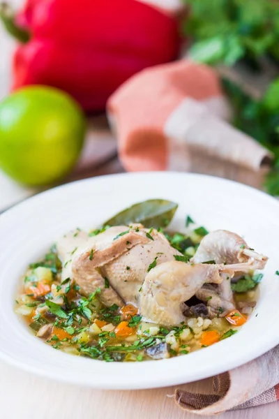 Summer soup with quail, vegetables, pearl barley, herbs, tasty m — Stock Photo, Image