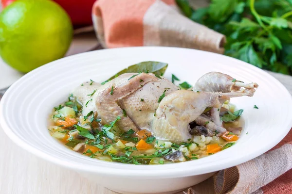 Summer soup with quail, vegetables, pearl barley, herbs, tasty m — Stock Photo, Image