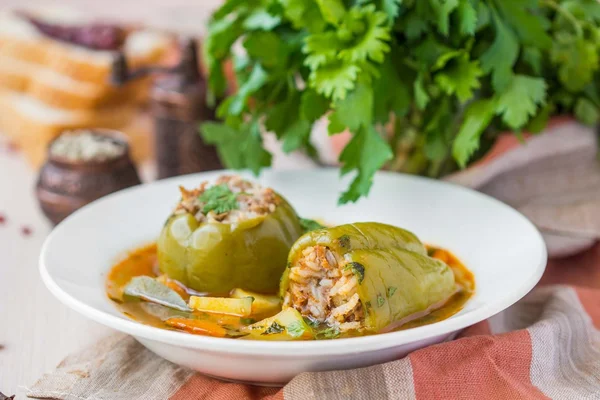 Soup with peppers stuffed meat and rice,  dolma shurpa, sorba — Stock Photo, Image