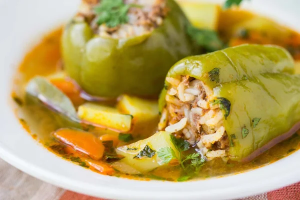 Soup with peppers stuffed meat and rice,  dolma shurpa, sorba — Stock Photo, Image