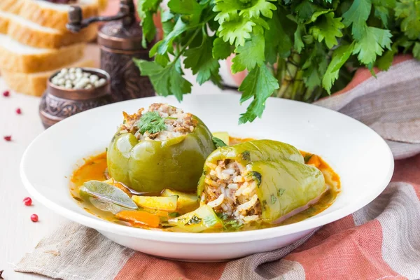 Soup with peppers stuffed meat and rice, dolma shurpa, sorba — Stock Image Soup with peppers stuffed meat and rice, dolma shurpa, sorba Royalty Free Stock Images