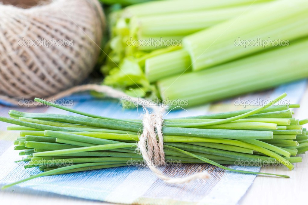 Bunch of green spring chives bow tied with ribbon, vegetables