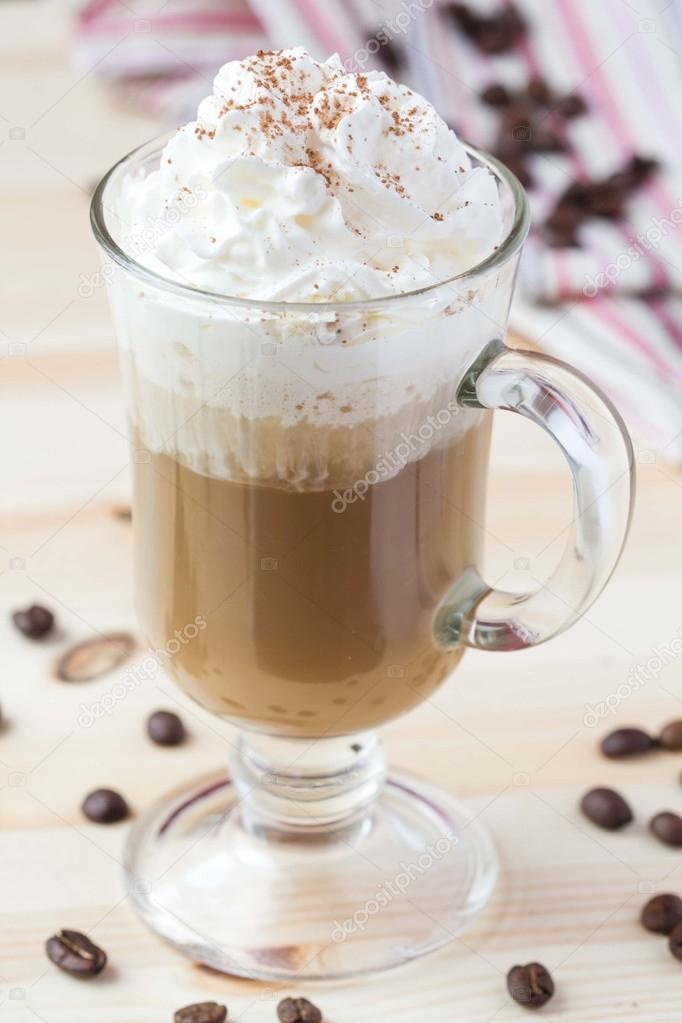 Cold drink, summer coffee with whipped cream, ice, chocolate