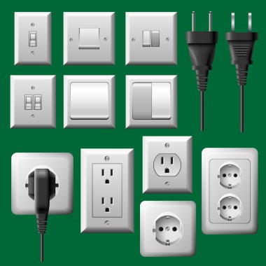 Power outlet, light switch and electrical plug set clipart