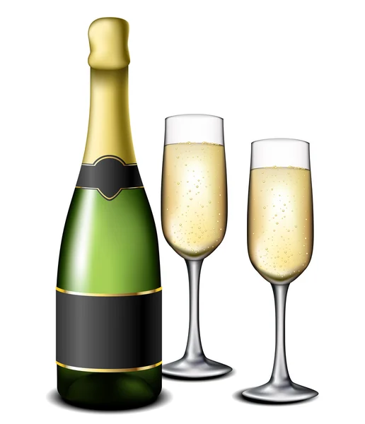Botella de champán con copas — Vector de stock