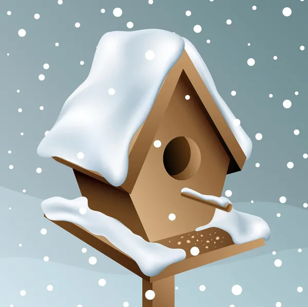 Casa de pássaros de madeira nevada — Vetor de Stock
