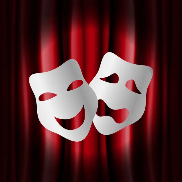 Máscaras de teatro con cortina roja — Vector de stock