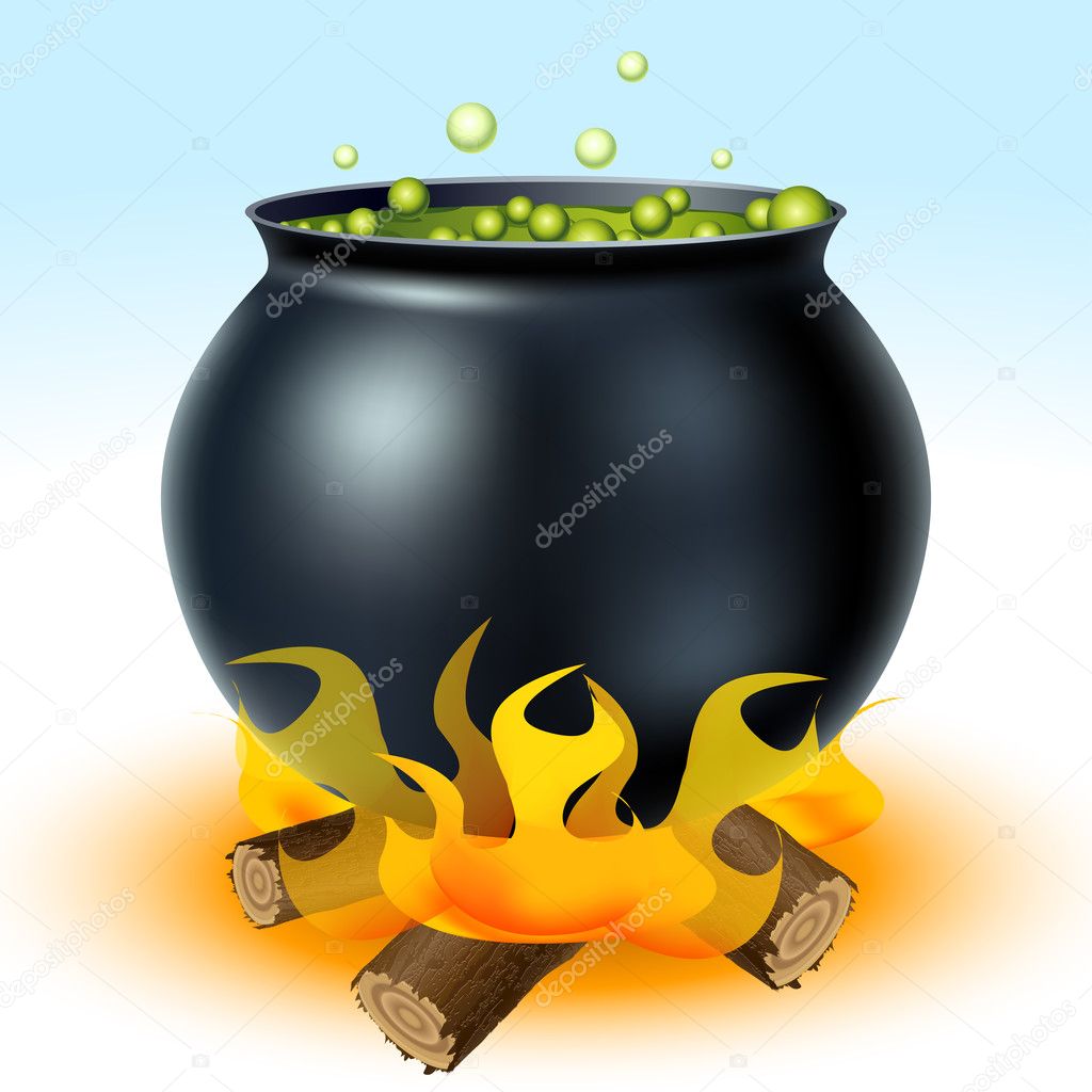 Witch cauldron on fire