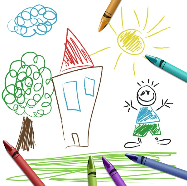 Crayon set with kid drawing — Stock Illustration Crayon set with kid drawing Royalty Free Stock Illustrations