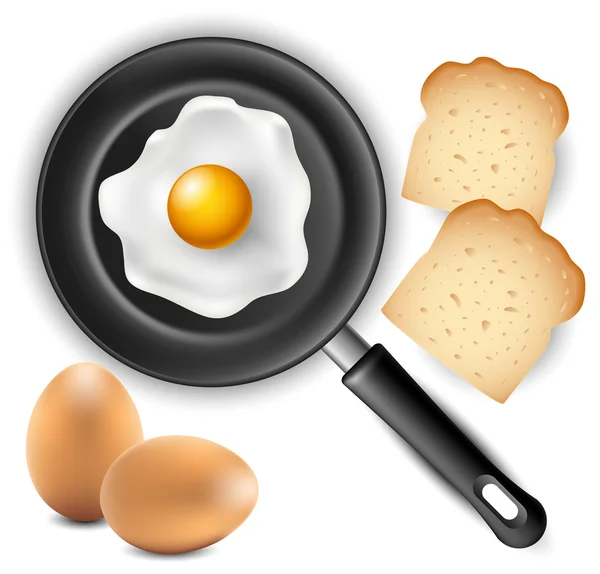 Omelet in frying pan with bread and egg — Stock Vector