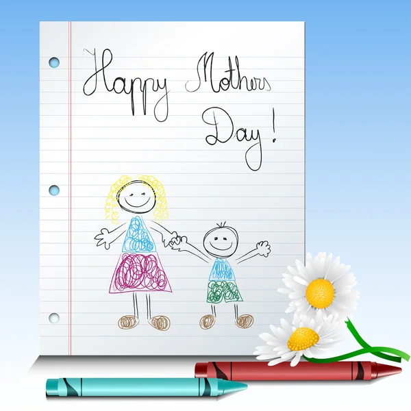 Children drawing for mothers day with crayon and flower — Stock Vector