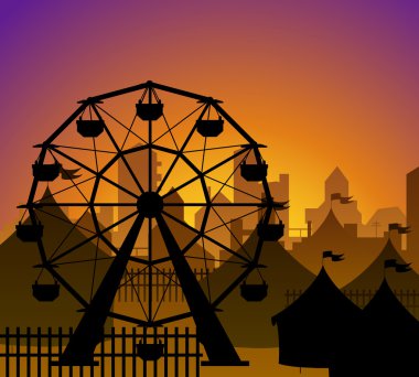 Ferris ve sirk siluet önünde bir şehir