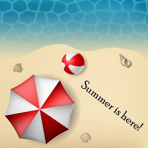 Cornice testo spiaggia con ombrellone e palla — Vettoriale Stock