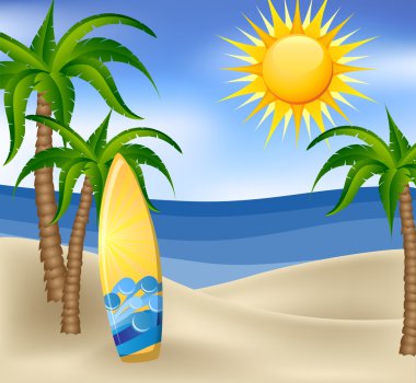 Summer background with surfboard and palm trees clipart