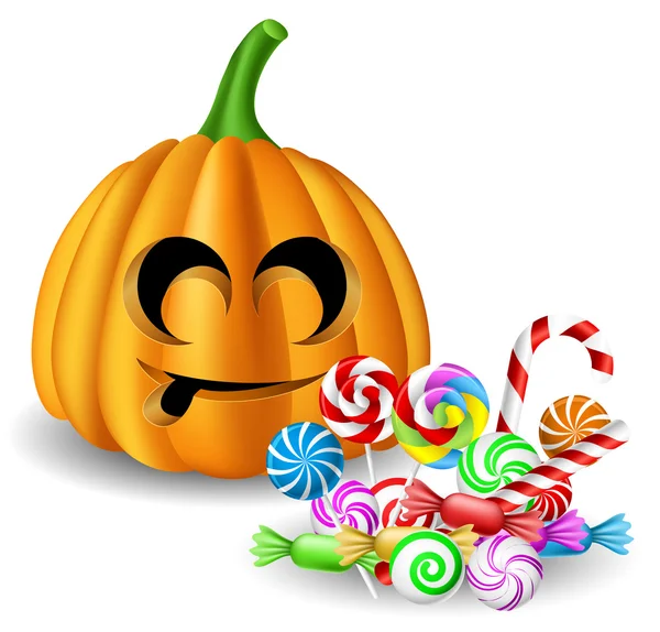 Cabeza de calabaza de Halloween con conjunto de dulces — Vector de stock