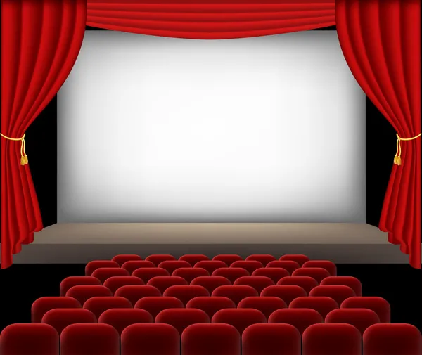 Auditorio de cine con asientos rojos y cortinas — Vector de stock