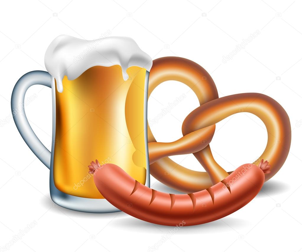 Oktoberfest food, beer, sausage and pretzel