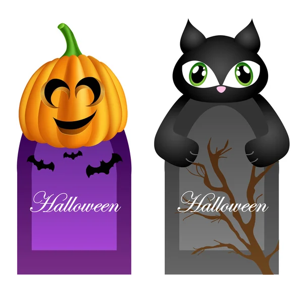 Halloween kort med pumpa och katt seriefigur — Stock vektor