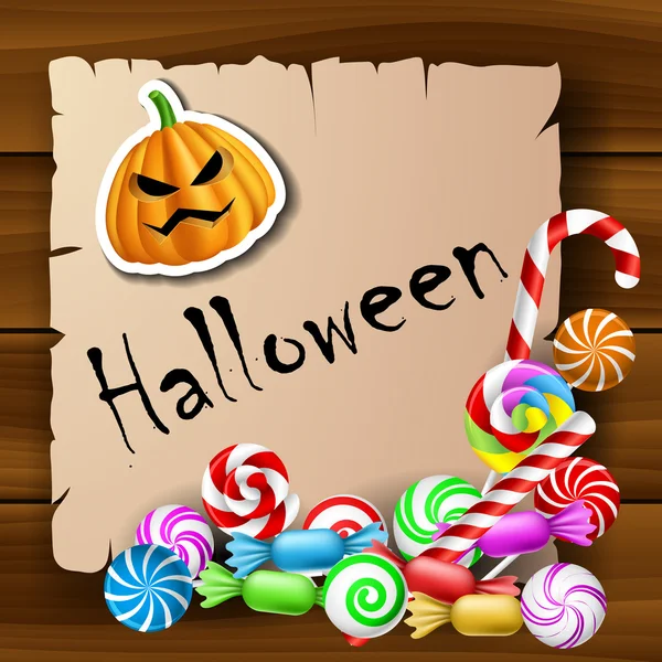 Halloween-Textrahmen mit Bonbons und Kürbis-Aufkleber — Stockvektor