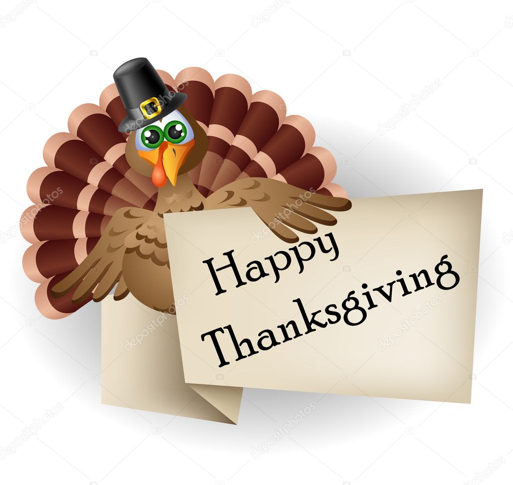 Cartoon turkey with thanksgiving label