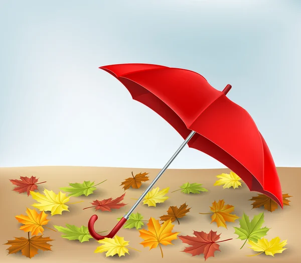 Herbst Hintergrund mit Regenschirm und Blättern — Stockvektor