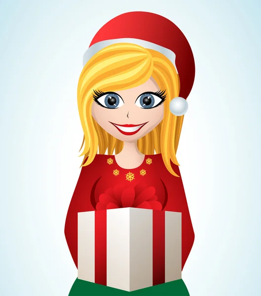 Chica de dibujos animados con sombrero de Santa y regalo — Vector de stock