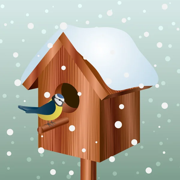 Winter bird house with little bird Stock Illustration