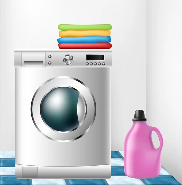 Máquina de lavar roupa com roupa e garrafa de detergente — Vetor de Stock