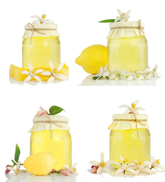 Verzameling van honing, gedroogde peel, citroen en citroen bloem. — Stockfoto