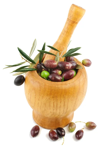 Fresh olives in an wood mortar — Stock Photo, Image